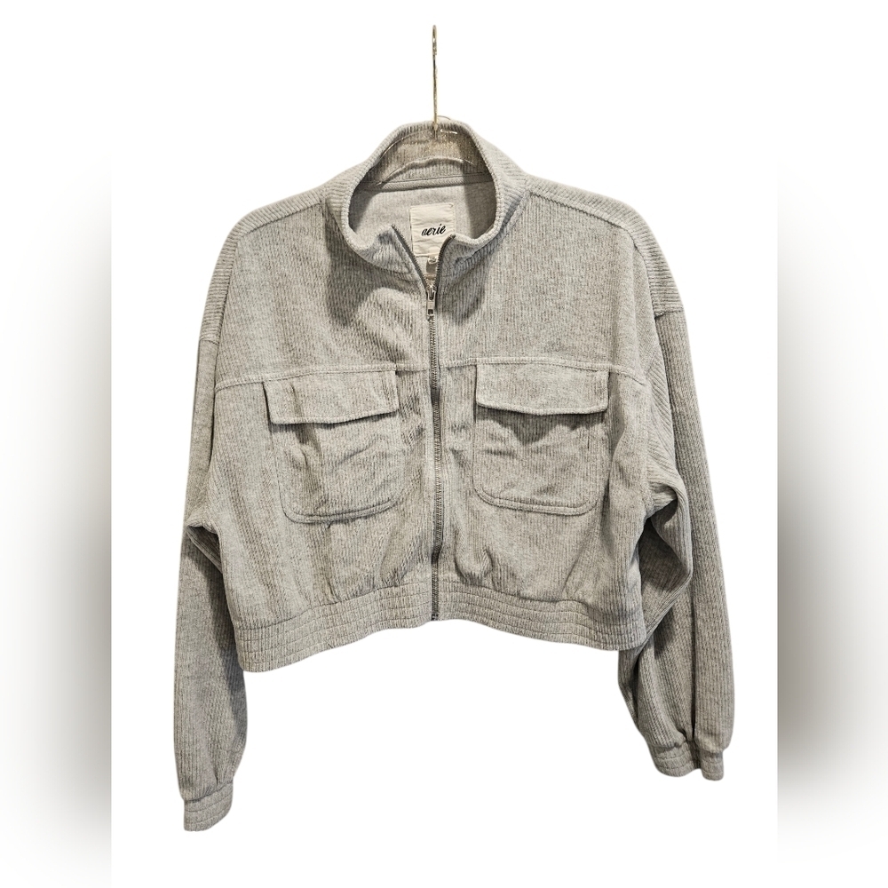 Woman's aerie Grey Corduroy collared cropped Jacket with pockets
